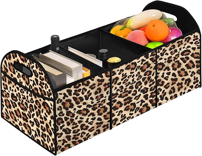 Classic Leopard SUV Car Trunk Organizer Accessories 50L Collapsible Car Storage Bag 3 Compartment Caddy Waterproof Foldable