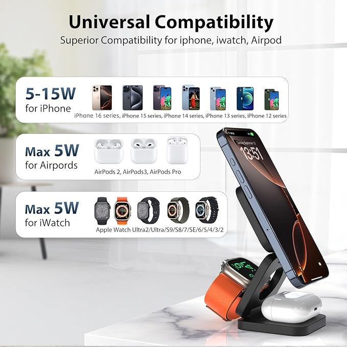 KU XIU X55 Foldable 3 in 1 Charging Station for Apple Devices, 15W Fast Magnetic Wireless Charger, Magent Travel Charger Stand for iPhone 16 15 14 13 12 Series, 5W for Apple Watch, AirPods-Black