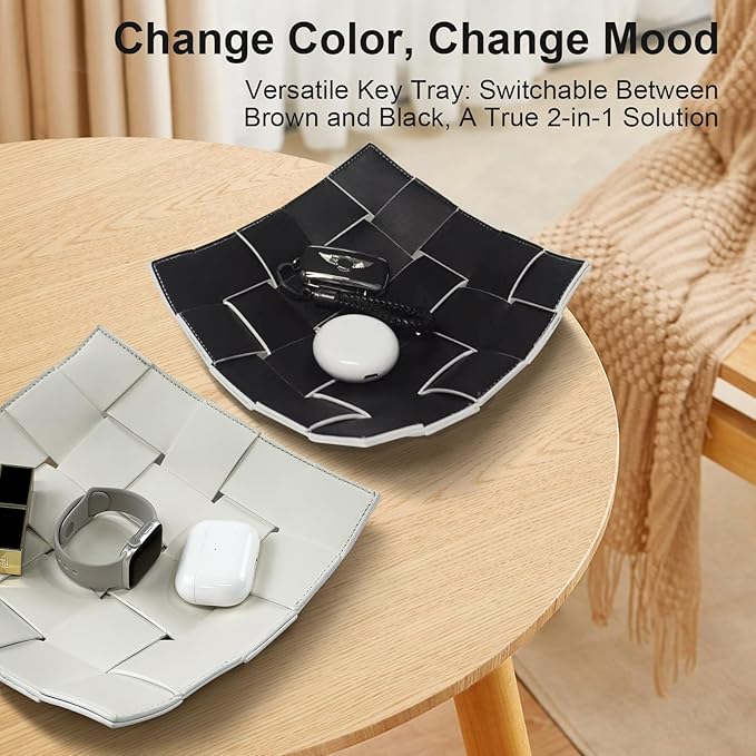 Valet Tray for Men and Women PU Leather Key Holder Bowl for Entryway Table Bedside Nightstand Desk Catchall Organizer Tray for Wallet, Watch, Key, Phone Men's Gift - 9.8" L x 9.8" W x 2" H