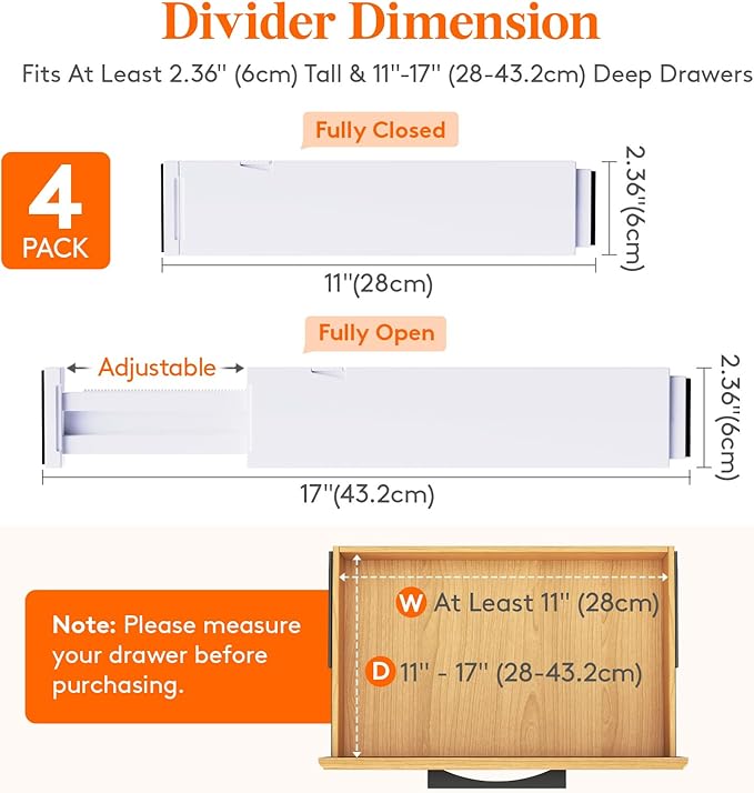 Lifewit 4 Pack 2.36" High Drawer Dividers 28-43.5cm/11-17" Adjustable Drawer Organizer for Clothes/Utensils, Expandable Drawer Separator in Dresser/Kitchen/Bedroom/Office Organization & Storage White