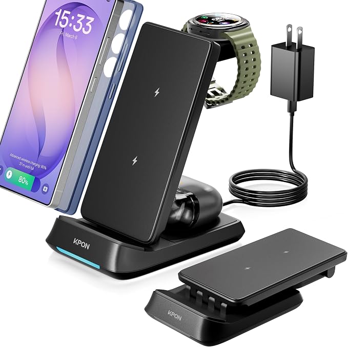 KPON 3 in 1 Charging Station for Samsung, Wireless Charger for Thick Cases, Foldable Phone and Watch Charger Stand for Galaxy S26/S25/S25 Ultra/S24/Z Fold/Android Devices, Galaxy Watch and Earbuds