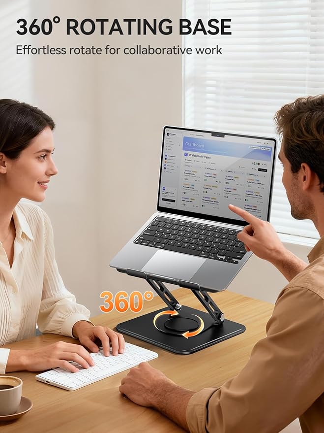 tounee Laptop Stand for Desk, Adjustable Computer Stand Holder with 360° Rotating Base, Ergonomic Laptop Riser Compatible with MacBook Pro Air, All Laptops 10-16"-Black