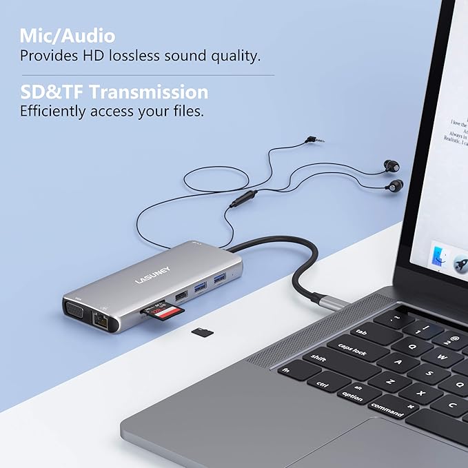 LASUNEY 12 in 1 Hub, Hub Multiport Adapter Dongle with 2 HDMI, DisplayPort, RJ45, SD/TF, USB C/A Ports, PD, Mic/Audio, Compatible for MacBook Dell HP Lenovo
