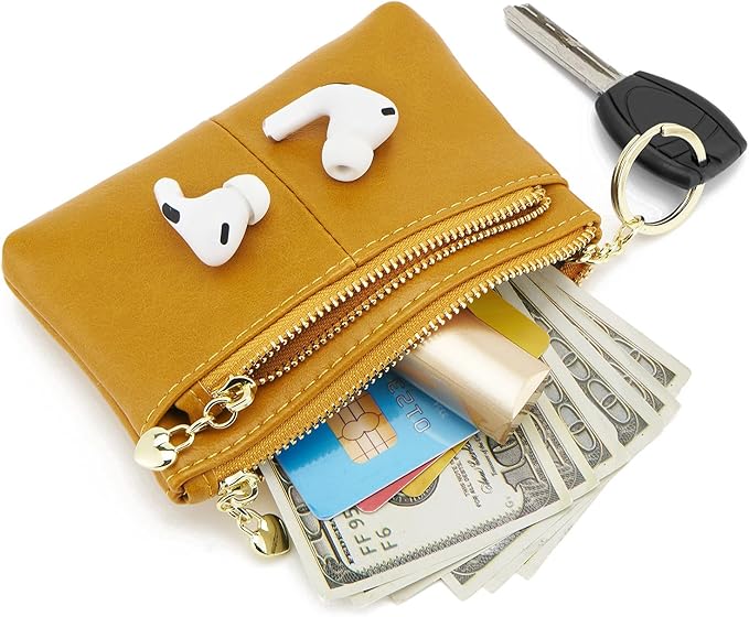 ZOOEASS Women PU Leather Zip Mini Coin Purse With Key Ring Triple Zipper Card Holder Wallet (Yellow)