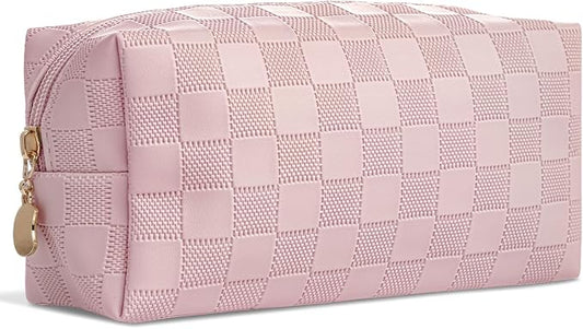 Checkered Makeup Bag for Purse - Cute PU Leather Travel Cosmetic Pouch for Women, Portable Flat Toiletry Organizer with Gold Zipper(pink)