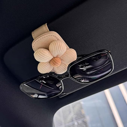 2pcs Car Sunglass Clip Flowers Magnetic Leather Sunglasses Holders for Car Interior Visor and Different Size Eyeglasses (Beige（2pcs）)