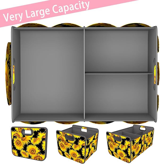 Homeve Trunk Organizer, Car Storage, Reinforced Handles, Collapsible Multi-Compartment, Foldable, Waterproof, Sturdy, 600D Oxford Polyester For Car, SUV, Mini-Van, Sunflower, 2 Compart