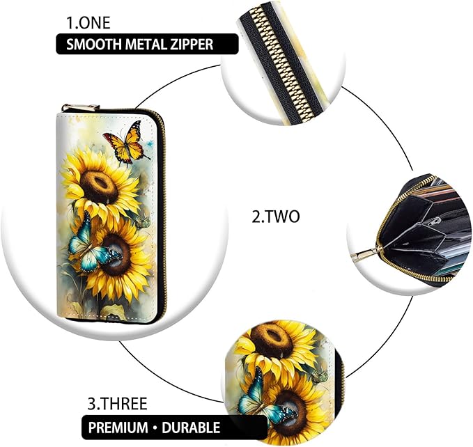 Women's RFID Blocking Zip Around Wallet with Detachable Wrist Strap, Large Capacity Credit Card Holder Organizer for Everyday Use,Sunflower Butterfly