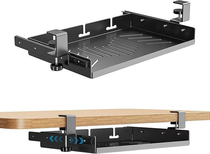 Sliding No Drill Under Desk Laptop Mount, Metal Under Desk Storage Shelf with Cable Management, Slide Out Laptop Storage Tray for MacBook, Mac Mini, Fits Office Workstations(Black with slid rail)