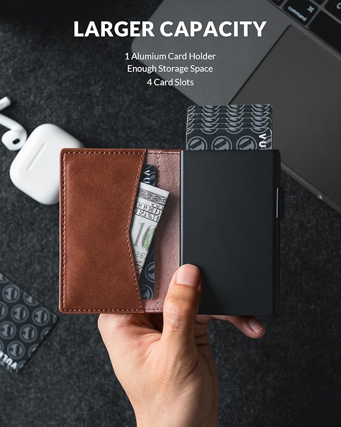 VULKIT Men's Slim Wallets Pop Up Card Holder RFID Blocking Metal Wallet Minimalist Design Holds Up to 11 Cards