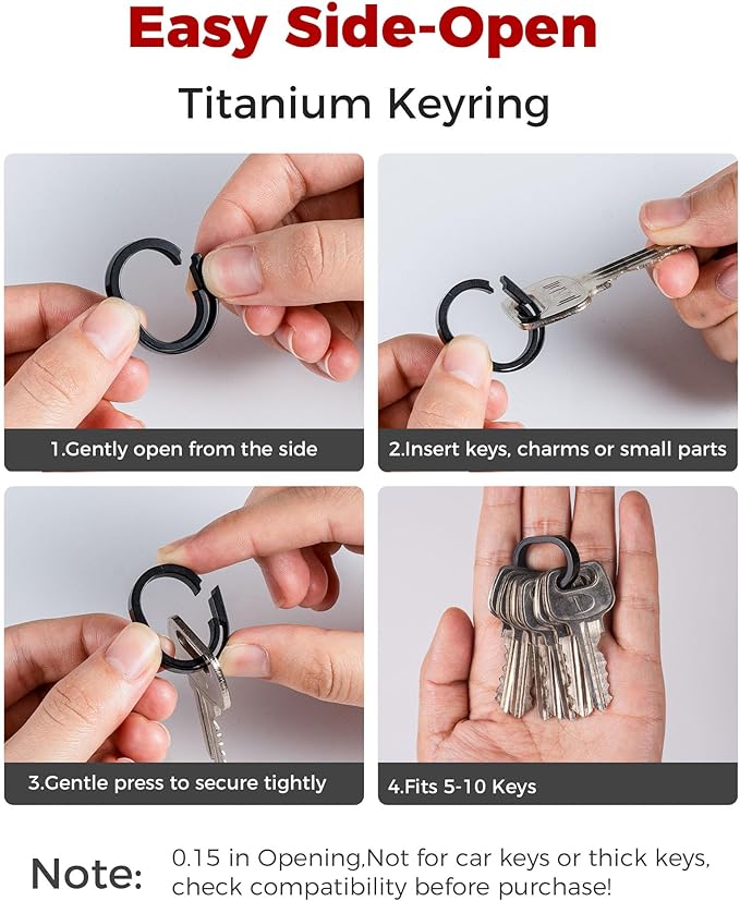 FEGVE Titanium Key Chain Clip with Side-Pushing Key Ring & 2/3inch D Ring for Car Fob Keys