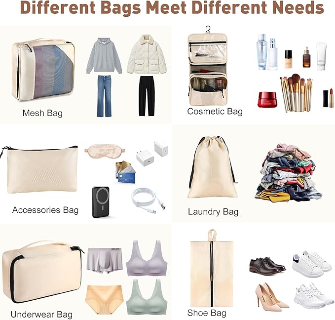 Toncoke 8-Piece Packing Cubes for Travel, Mesh Luggage Organizers with Shoe Bag, Toiletry Bag, Laundry Pouches, 4 Sizes (XL/L/M/S) for Suitcase Organization, Men Women Kids, Beige