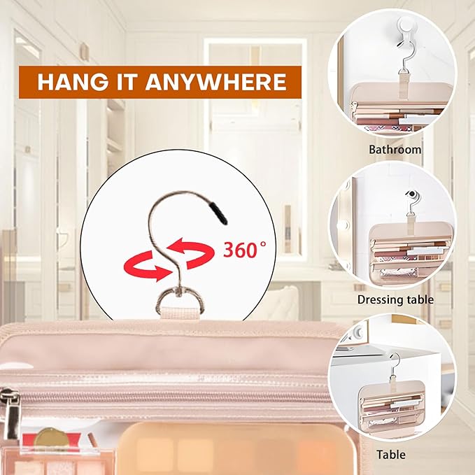 BAFAMYE Toiletry Bag Travel Bag with Hanging Hook, Water-Resistant Makeup Cosmetic Bag Organizer for Accessories, Full-Size Shampoo and Toiletries, Large, Light Pink, BAF-019