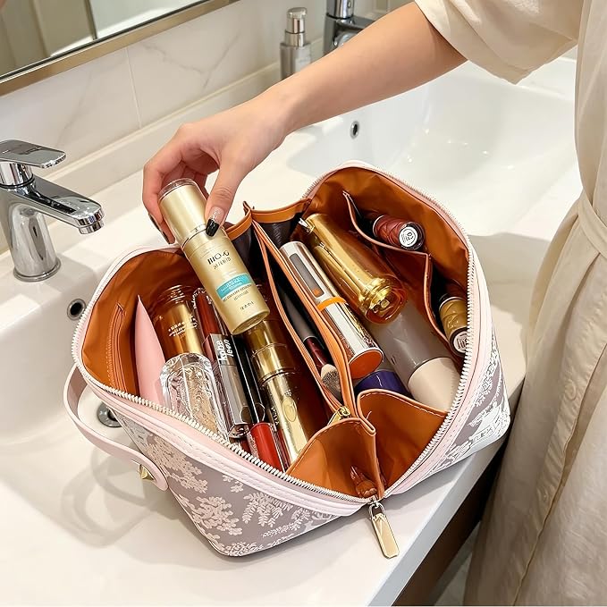 Travel Makeup Bag with Compartments & Organizers – Flat Open Cosmetic Pouch for Women, Purse-Style Design for Traveling, Perfect for Toiletries & Cosmetics (Pink)