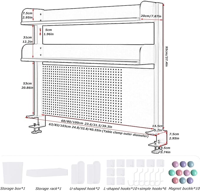 Clamp On Desk Organizer Shelf, White Desk Extender Pegboard Workstation,Computer Desk Accessories for Office, Privacy Panel for Gaming Desk,23.6/31.4/39.3in Desktop Shelving (white, 100cm/39.3in)