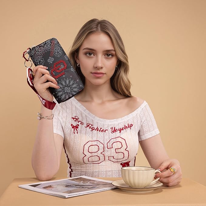 Oklahoma Sooners Wristlet Purse Licensed, OU Team Clutch Wallet with RFID Blocking Card Slot, Zipper Purse for Fan Gifts, Game Day, Travel Essentials | Black, NC-OU011BK