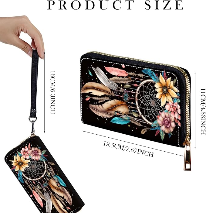 Zip Around Wallets for Women with Detachable Wrist Strap, Large Capacity RFID Blocking Leather Purse Organizer Card Holder Wristlet,Dream Catcher Flower