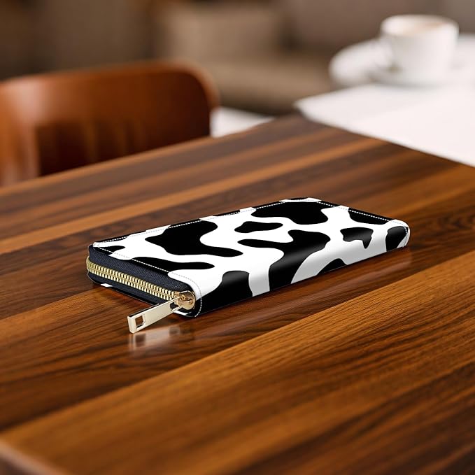 RFID-Blocking Zip Around Wallets for Women with Detachable Wrist Strap,Large Capacity Phone Holder with Card Organizer & Coin Pocket,Cow Print