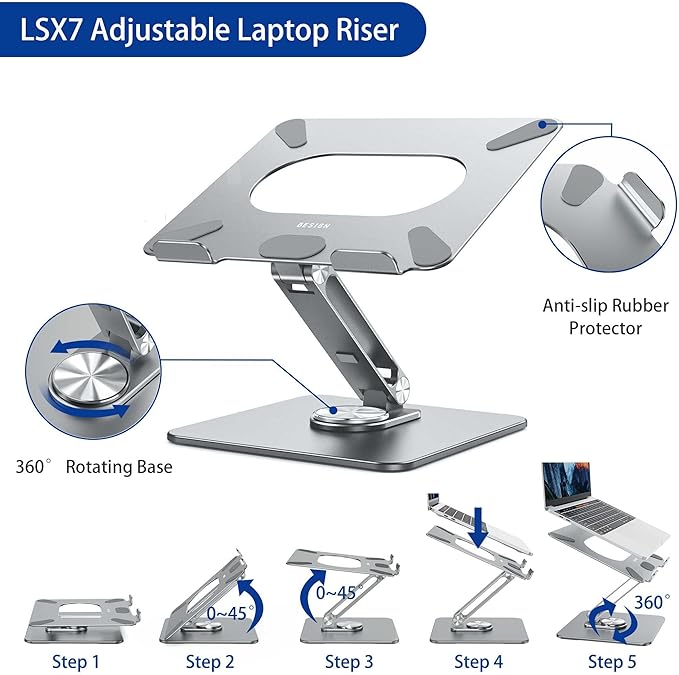 BESIGN LSX7 Laptop Stand with 360 Rotating Base, Ergonomic Adjustable Notebook Riser, Foldable Computer Holder Compatible with 10-15.6" Laptops (Gray)
