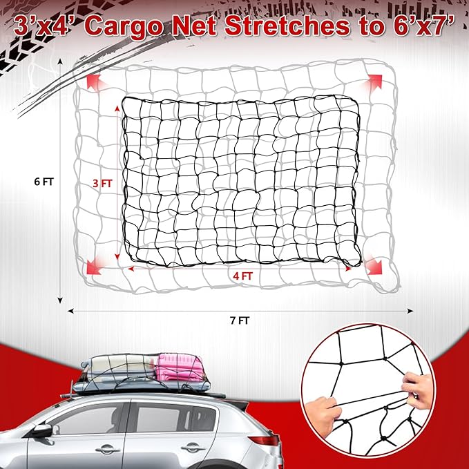 3’x4’ Truck Cargo Net Expands to 6' x 7' with 4"x4" Mesh Grid Super Duty Bungee Heavy Duty Bed Netting for Truck Bed Stretches with 12 Adjustable Metal Carabiners by Cenipar