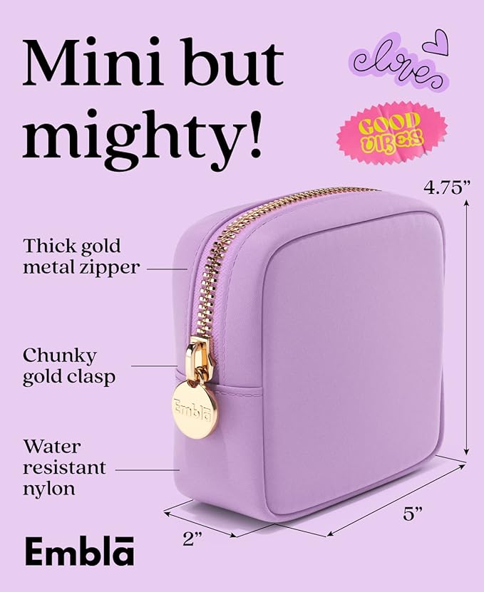 Embla Small Makeup Bag for Purse, Mini Waterproof Nylon Cosmetic Pouch, Durable and Lightweight Travel Toiletry Bag with Smooth Zipper, Purple