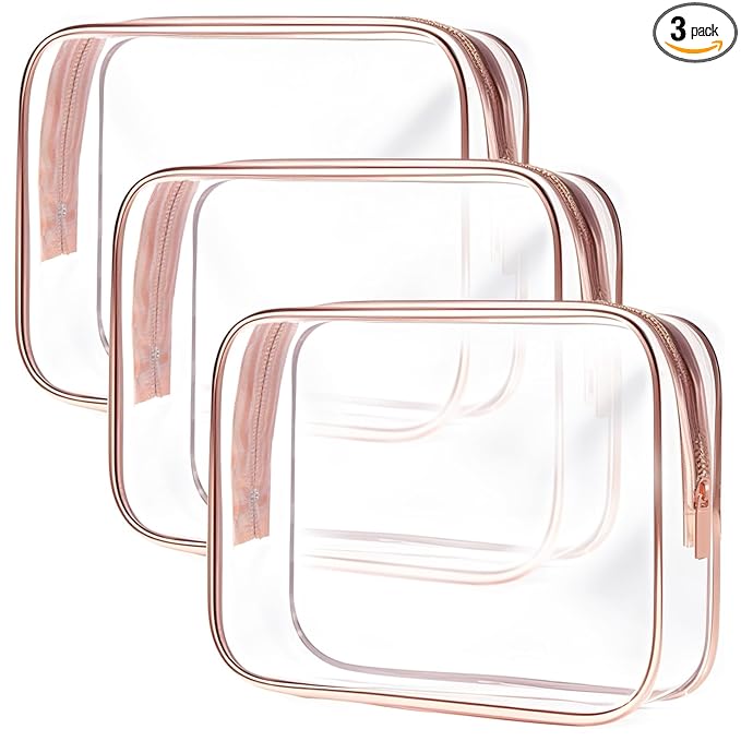 TRODANCE Clear Toiletry Bag, 3 Packs TSA Approved Water resistant Travel Organizer, Airport Airline Travel Essential Carry On Makeup Cosmetic Bags for Women, RosePink - 3 packs