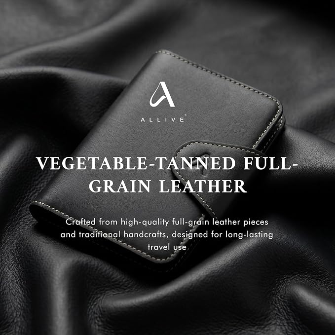 ALLIVE Genuine Leather Passport Holder for Travel Essentials, RFID Blocking Passport Wallet with Built-in AirTag Slot, Passport Cover Case for Travel Must Haves Accessories (Midnight Black)