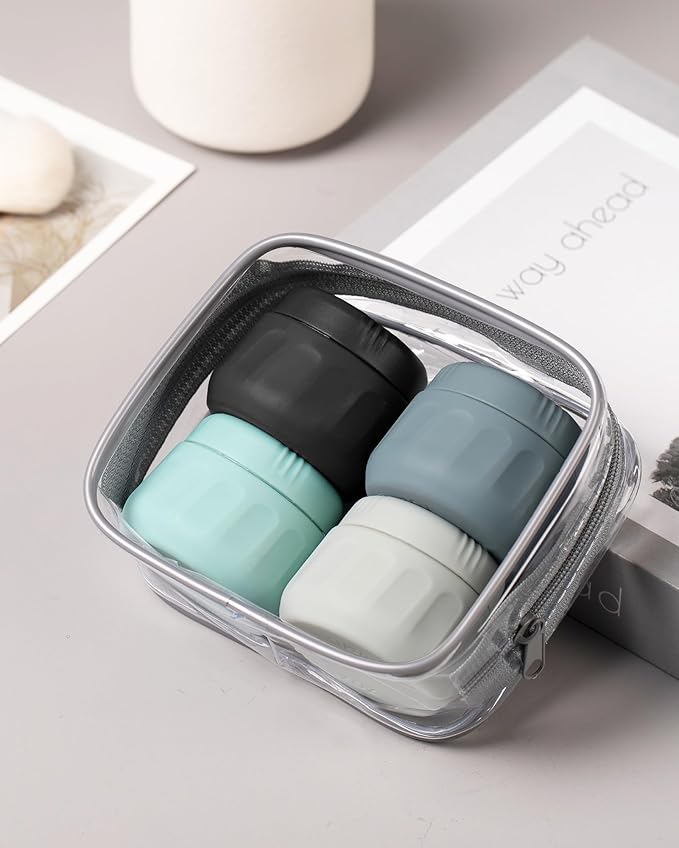 Mrsdry Travel Containers for Toiletries, TSA Approved Travel Size Toiletries 4 Pack, Refillable Containers, With Clear Bag, Leak Proof Silicone Jars, Essentials Creams Jars Carrying Small Items