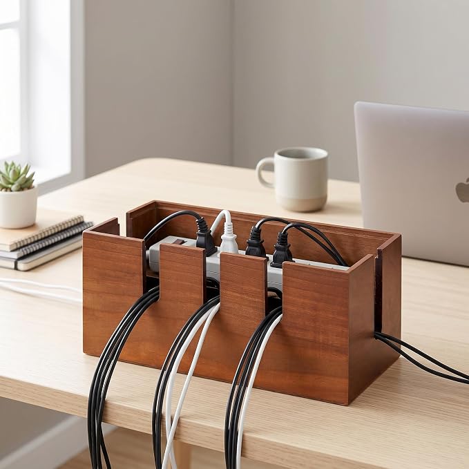 Wood Cable Management Box, Power Strip Cord Organizer Box, for Electrical Hiding Cord Management, Desk Cable Storage Box for Home Office