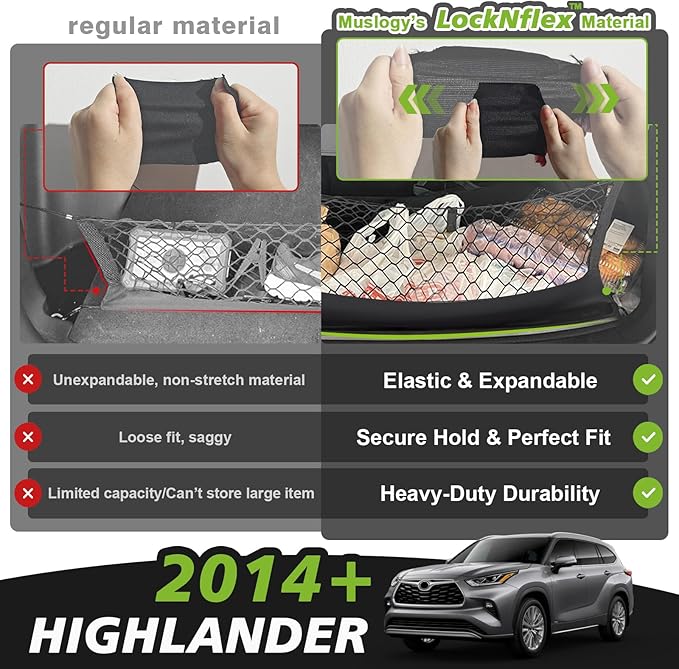 Muslogy Truck Bed Cargo Net Trunk Netting Compatible with 2014-2025 2026 Toyota Highlander Accessories, Pickup Cargo Organizer SUV Sedan Storage Net w/Heavy Duty Carabiners