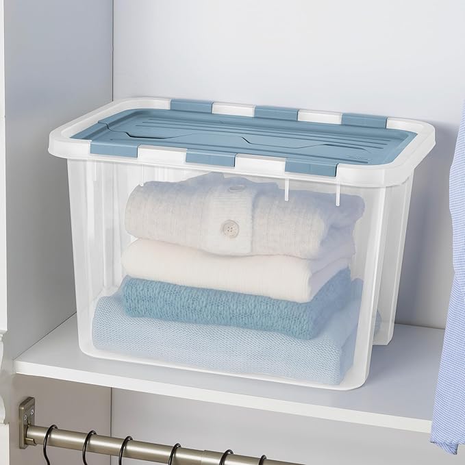 Sterilite 6 Pack Hinged Lid Storage Box, 30 Qt Plastic Container, Washed Blue - Home Organizer Tote for Storing Shoes, Crafts, Clothing, or Decor