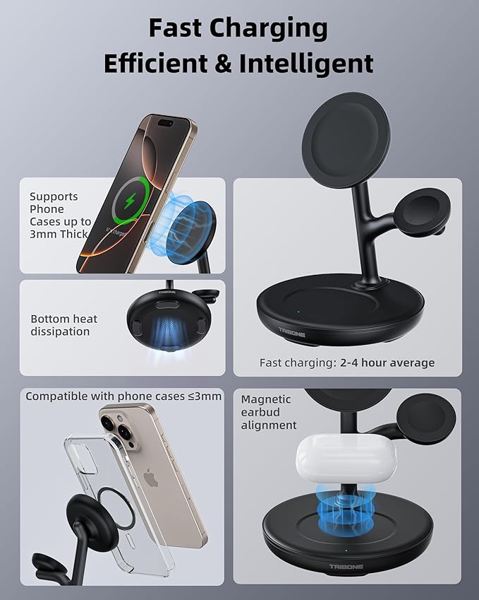 3 in 1 Magnetic Wireless Charger Stand for Apple Devices, TRIBONE Fast Charging Station for iPhone 17/16/15/14/13/12 Series, Apple Watch, Airpods (Black)