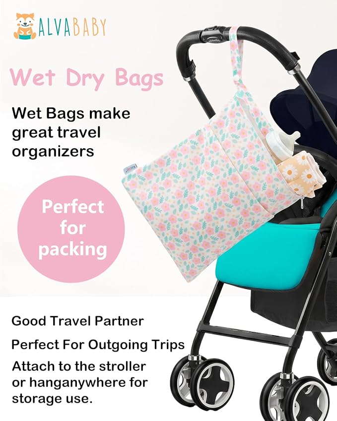ALVA ALVABABY 3pcs Medium Cloth Diaper Wet Dry Bags Waterproof Reusable with Two Zippered Pockets Travel Beach Pool Daycare Soiled Baby Items Yoga Gym Bag for Swimsuits or Wet Clothes 3L-ZM40