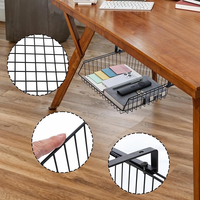 Under Desk Drawer, Slide Out Design,No Drill Metal Under Desk Cable Management, Storage Shelf Tray Basket Under Table Drawer Organizer for Office, Home, Workspace, Cabinet