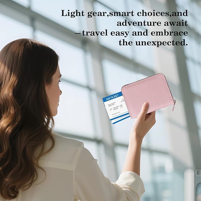 CoBak Passport Holder Cover with Safe Zipper Closure, Premium Passport Wallet for Travel, Cute RFID Blocking Card Case, Waterproof Travel Accessories for Women, Grain Rose Gold