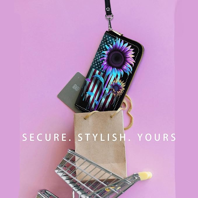 Zip Around Wallets for Women with Detachable Wrist Strap, Large Capacity RFID Blocking Leather Purse Organizer Card Holder Wristlet,American Flag Sunflower