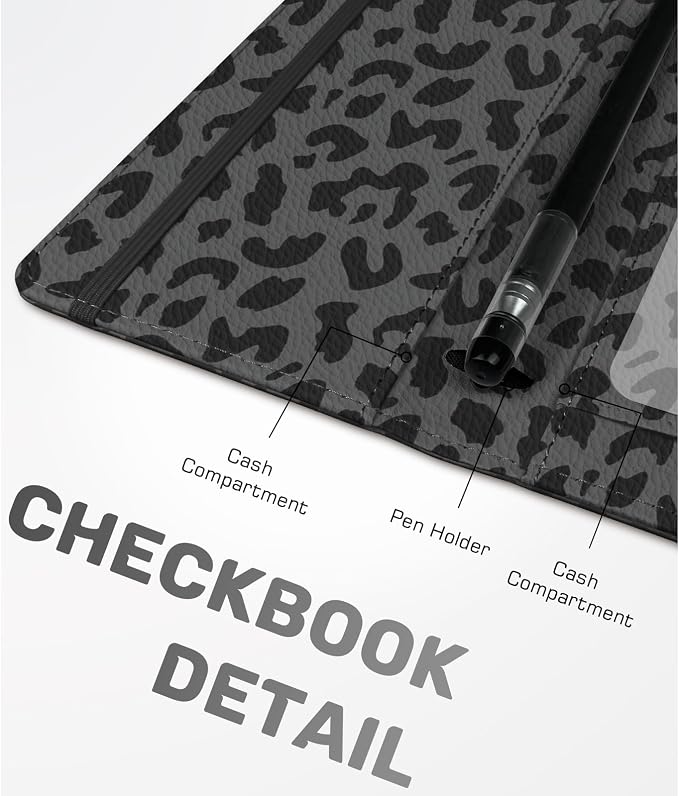 Checkbook Cover for Men Women, Premium Leather Checkbook Holder with RFID Blocking and Built in Clear Plastic Divider for Personal and Business Checks (Leopard-Black)