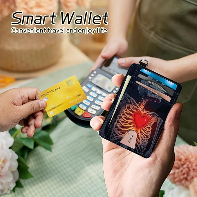Small Travel Wallets, Skull Heart Slim Minimalist Front Pocket Wallet with Wristlet, RFID Blocking PU Leather Credit Card Holder with ID Window Change Purse for Men Women