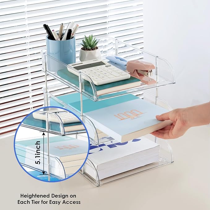 Desk Organizers and Storage, 3 Tier Clear Heightened Stackable Paper Tray Organizer for Document, Letter, A4 File Paper, Desk Accessories, Office Supplies (Clear, 3 Pack)