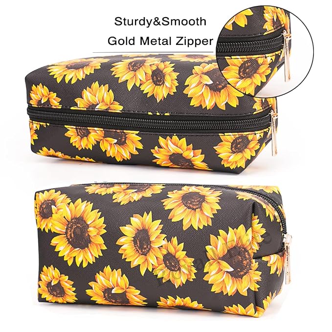 FITINI Sunflower Makeup Bag 3 Pack Travel Toiletry Bag Portable Cosmetic Pouch Organizer with Small Brush Holders Gold Zipper Waterproof Storage Case for Women and Girls