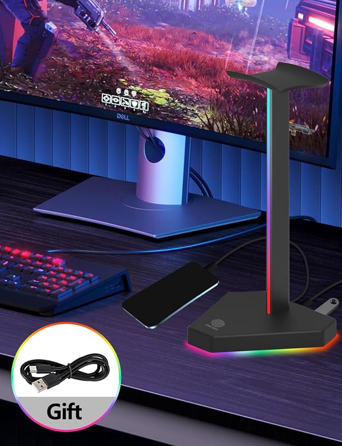 RGB Headphones Stand with 1 USB-C Data Transmission& 3 Type-C Charging Port, Desk Gaming Headset Holder with 7 Light Modes and Non-Slip Rubber Base (Black)