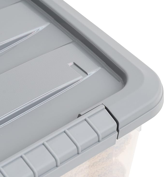 Amazon Basics Plastic Storage Containers with Secure Latching Lids, Stackable Organization Bins for Organizing, Clear/Grey, 12 Quart, Set of 6
