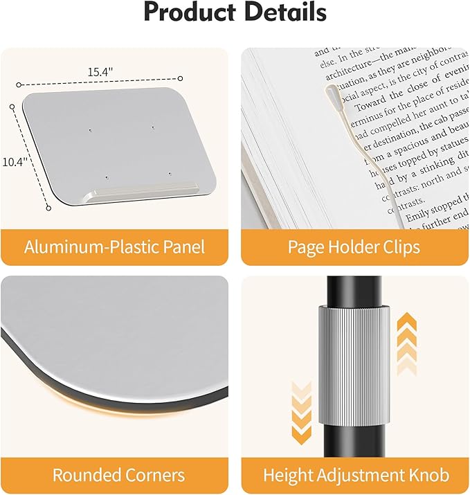 Floor Book Stand - Height Adjustable 26.4-56.3" Reading Holder with Page Clips, 180° Tilting Aluminum Panel for Heavy Books, Sheet Music, Laptops & Projectors - Portable Podium Stand