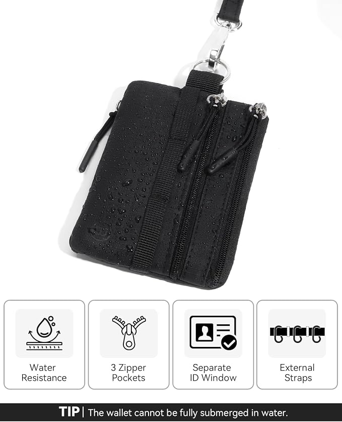BOSTANTEN Small Wallet RFID, Minimalist Zip ID Case Wallet with Lanyard Keychain, Water Resistant Card Wallets for Women & Men, Black