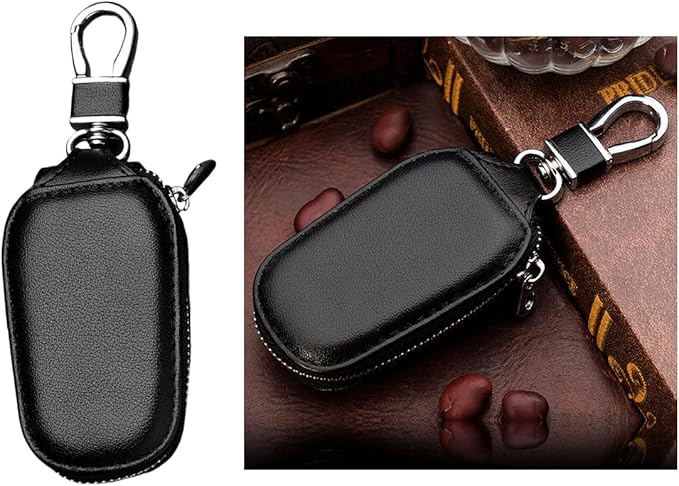 Wevdn Car Key Case, Genuine Leather Auto Smart Key Fob Holder with Metal Hook, Anti Scratch Automotive Key Protector Key Chain Zipper Bag for Remote Key Fob, Car Accessories (Black)