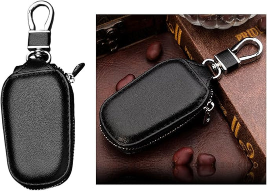 Wevdn Car Key Case, Genuine Leather Auto Smart Key Fob Holder with Metal Hook, Anti Scratch Automotive Key Protector Key Chain Zipper Bag for Remote Key Fob, Car Accessories (Black)
