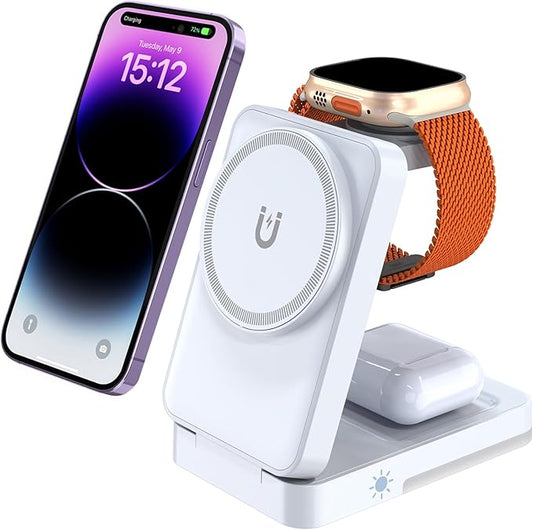 3-in-1 Travel Magnetic Charging Station for iPhone 17/17 Pro/17 Pro Max/Air/16 15 14 13 12 Pro Max Plus mini/Apple Watch/Airpods, Foldable Portable Wireless Charger Stand with Night Light-White