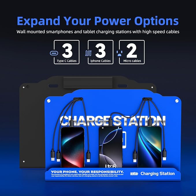 Wall Mounted 8 Port Charging Station with Fast Charigng Cables – Multi Device Charging Dock for Office, Hotel & Public Spaces | Compatible with iPhone ipad Smartphone Tablets Android Port (Blue)