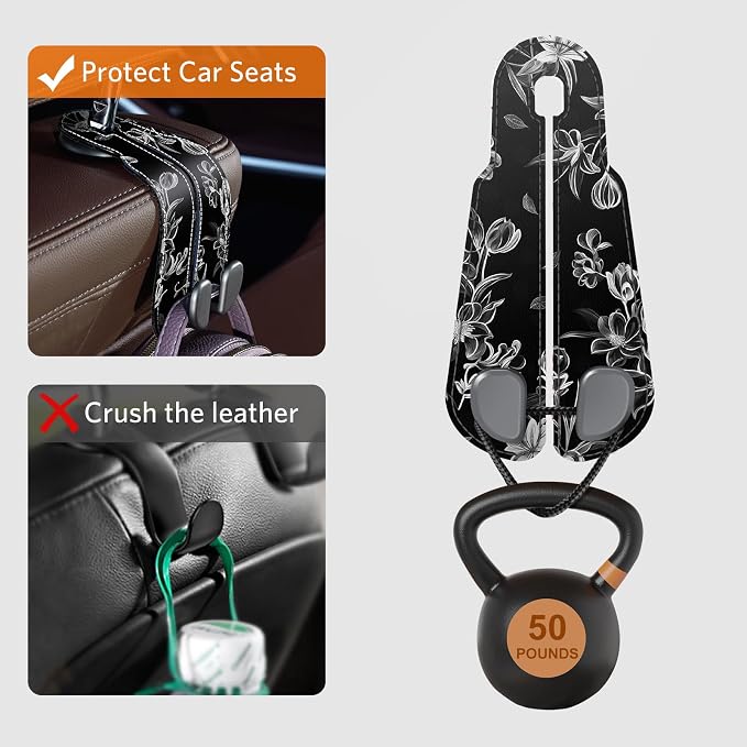 CoBak Purse Hook for Car - Universal Premium Stitched Leather and Aluminum-Magnesium Alloy Double Car Seat Back Storage Hook for Purses, Handbags, Bags (2 Pack),Floral Trace