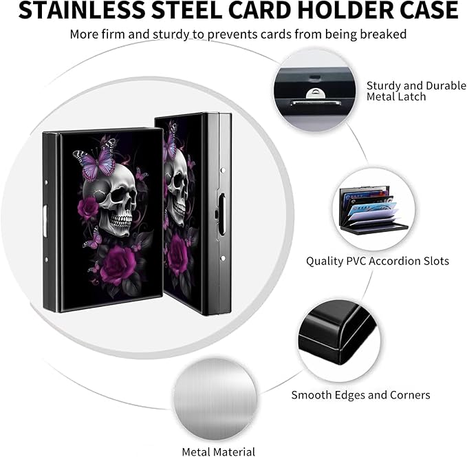 RFID Credit Card Holder,Small Metal Credit Card Case Wallet,Slim Mini Business Card Holder Organizer Hard ID Case Security wallet for Men Women -Sugar Skull Butterlies Floral
